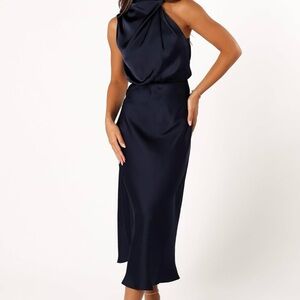 Petal & Pup navy blue satin lightweight summer midi draped neck Dress NWT XL
